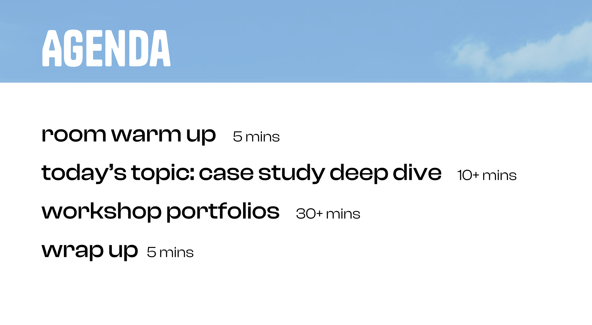 The Portfolio Sessions weekly agenda in a branded presentation deck.